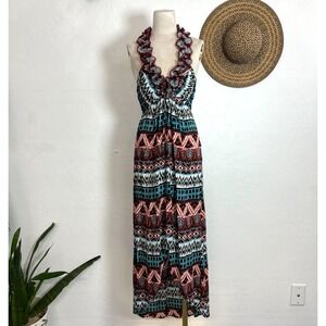 Misope bohemian halter maxi sun soft dress S zipper high low drapery romantic